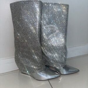 Steve Madden Riski Wedge Rhinestone Boot Silver Embellished Crystal Cowgirl Ston